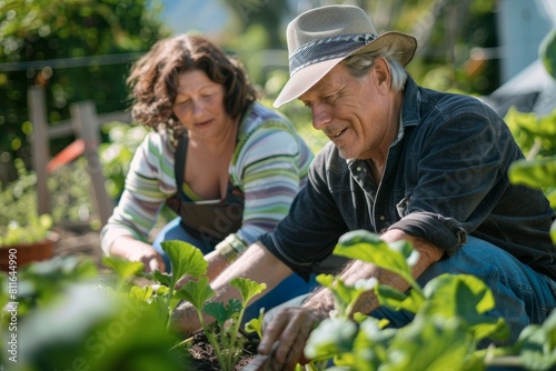 A man and woman gardening together in a community volunteer initiative surrounded by greenery and plants
