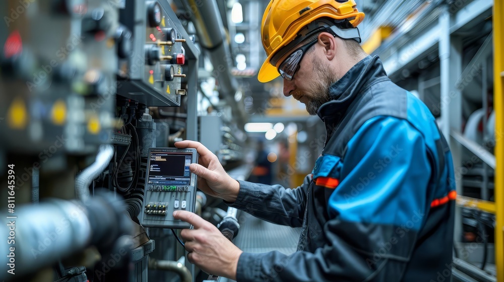 A network engineer configuring a rugged edge computing device in a remote industrial plant, surrounded by machinery A network engineer configuring a rugged edge computing device in a remote industrial plant, surrounded by machinery