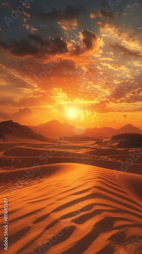 Desert Sunset Dreamscape Serene 3D Rendered Timelapse of Golden Dunes and Distant Mountains