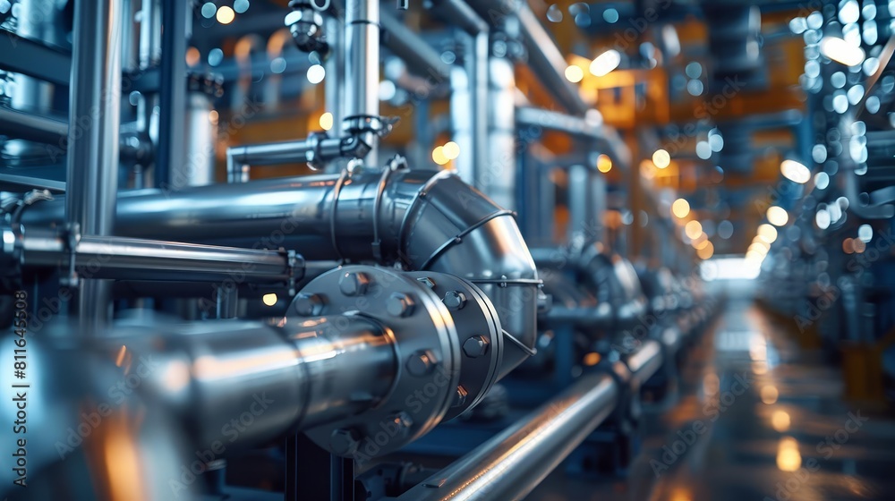 A network of intricate pipes at an industrial plant, with a focus on the transportation of liquids