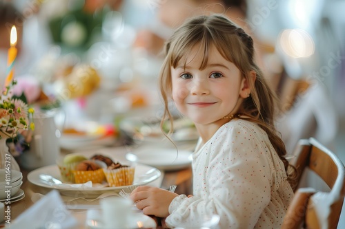 Content girl sitting at a table adorned with birthday decorations  enjoying a delicious meal with her loved ones.