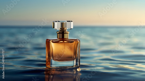 Summer light perfume, glass bottle of perfume against the background of the ocean and sunset, contrast image © Margarita