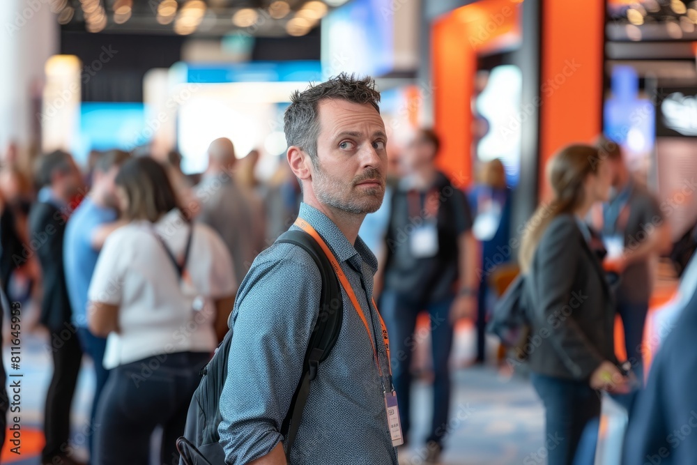 A man stands among a crowd of attendees networking at a bustling tech conference or expo in a convention hall