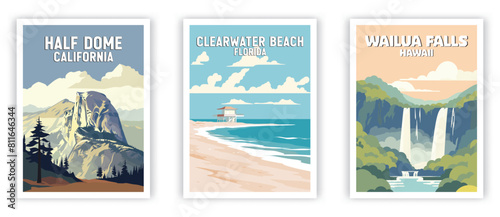 Half Dome, Clearwater Beach, Wailua Falls Illustration Art. Travel Poster Wall Art. Minimalist Vector art