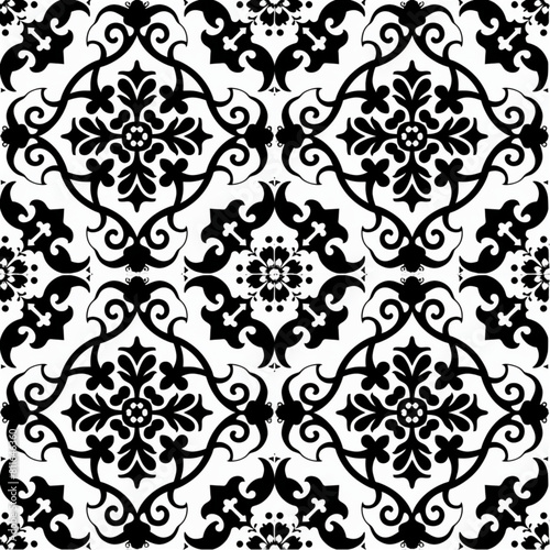  Black and white illustration of traditional Spanish tiles, seamless pattern with floral motifs in various sizes. Design for textile or wallpaper in the style of traditional Spanish tiles.