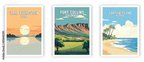 Lake Livingston, Fort Collins, Captiva Island Illustration Art. Travel Poster Wall Art. Minimalist Vector art