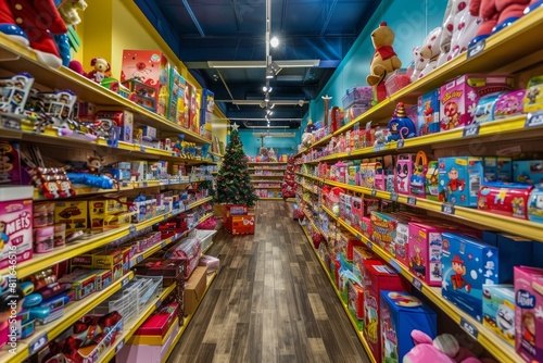 Vibrant toy store aisle bursting with holiday gifts for sale to children and families photo