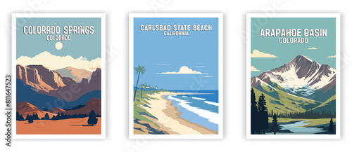 Colorado Spring, Carlsbad State Beach, Arapahoe Basin Illustration Art. Travel Poster Wall Art. Minimalist Vector art photo
