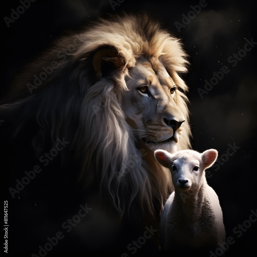 Lion with lamb together. Generative AI.