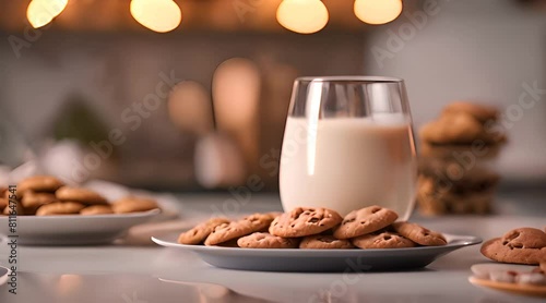 Warm and Gooey, A Plate of Freshly Baked Chocolate Chip Cookies with a Cold Glass of Milk photo