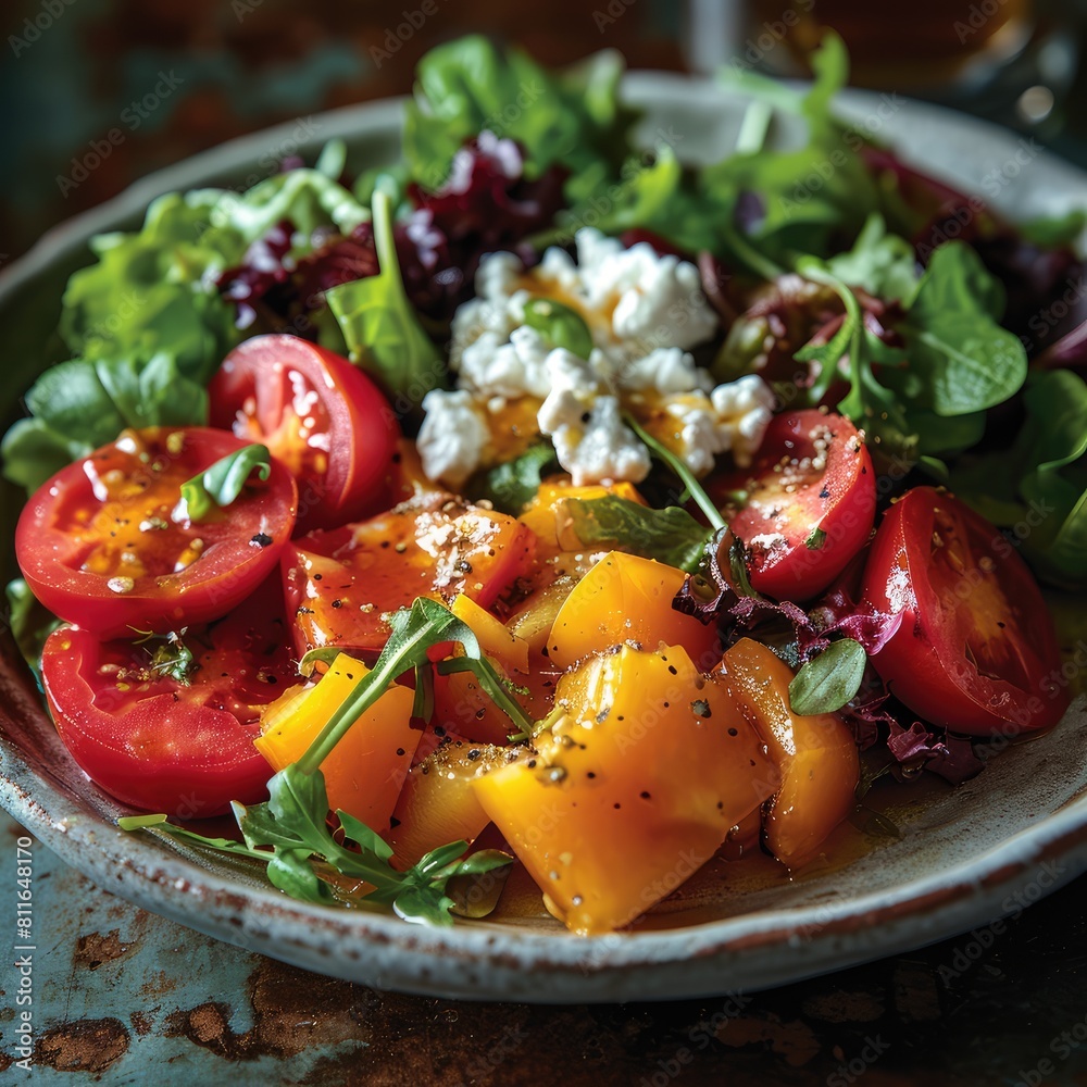 Highlight the beauty of seasonal produce with a captivating photo of a vibrant salad, featuring a mix of fresh greens, ripe heirloom tomatoes, tangy goat cheese, crunchy nuts, and a zesty vinaigrette, Highlight the beauty of seasonal produce with a captivating photo of a vibrant salad, featuring a mix of fresh greens, ripe heirloom tomatoes, tangy goat cheese, crunchy nuts, and a zesty vinaigrette,