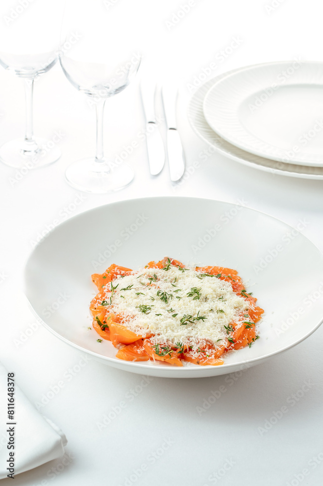 appetizer of fresh salmon with sauce in a white plate appetizer of fresh salmon with sauce in a white plate