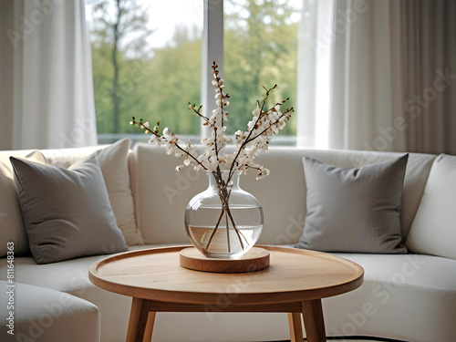 Round glass vase with blossom twigs on round wooden coffee table near white sofa with pillows against window. Minimalist scandinavian home interior design of modern living room.Selective focus concept photo