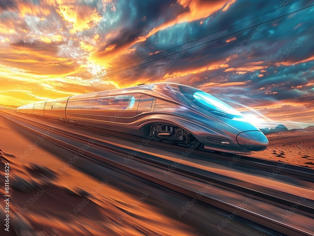 Photo of a highspeed train equipped with hologram technology, racing through a desert landscape at sunset, for an advertising banner