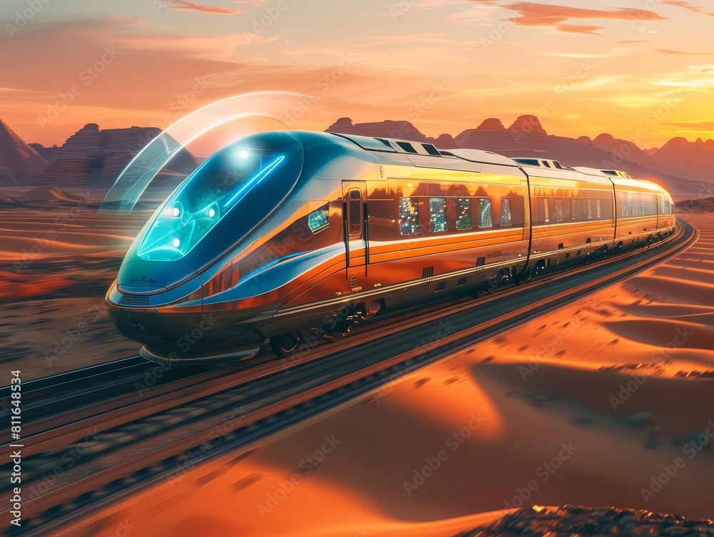 Naklejka premium Photo of a highspeed train equipped with hologram technology, racing through a desert landscape at sunset, for an advertising banner