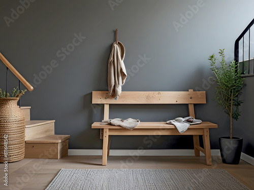 Wooden bench with a hanging cloth piece against a grey wall and wooden staircase. Scandinavian, rustic farmhouse interior design. Indoor plant pots in beige color floor and floor rug. photo