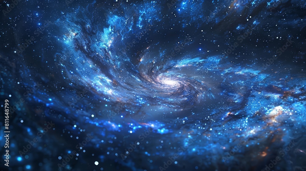 Realistic photo of a holographic map of the galaxy, viewed from a dark observatory, highlighting stars and black holes in deep blue tones, banner