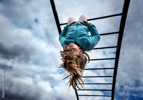 Young child hanging from monkey bars school playground photo