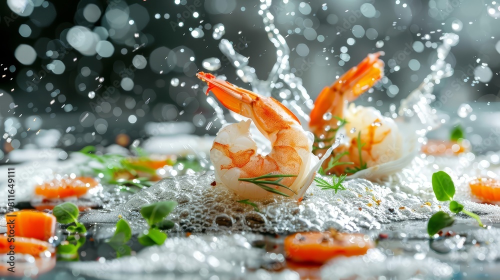 Seafood delicacies like scallops and shrimp create a flying healthy food explosion