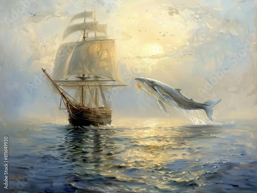 The harmonious sight of a whale and a ship coexisting in the calm, azure waters of the sea