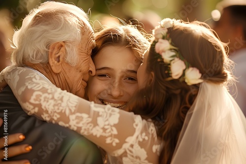 Radiant girl sharing a warm hug with her grandparents on her special day, love and affection evident in their expressions.