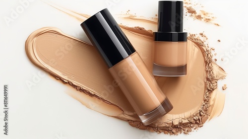 photograph of bottle of concealer, on a light background, with skin color manicure without varnish, editorial, without shadows
