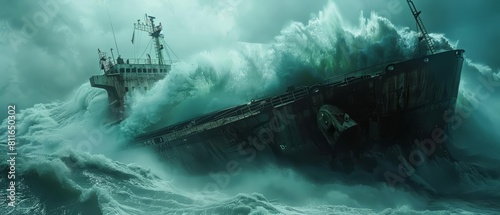The ocean claiming its own as a colossal cargo ship tips over and begins its descent beneath the waves photo