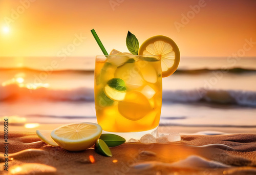 A glass of yellow drink with ice and a slice of lemon on a sandy beach