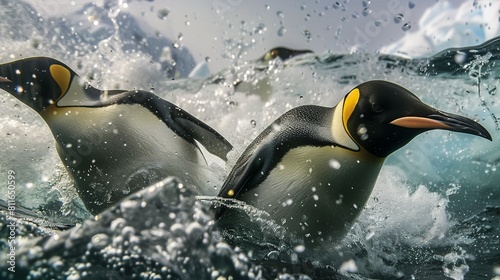 Emperor penguins  Aptenodytes forsteri  dive into the water near the German Antarctic Station Neumayer  Aka Bay