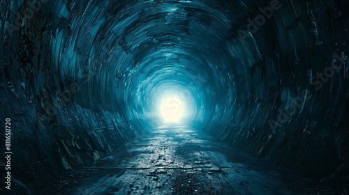 A dark and mysterious tunnel with a bright light at the end photo