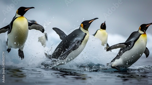 Emperor penguins  Aptenodytes forsteri  dive into the water near the German Antarctic Station Neumayer  Aka Bay