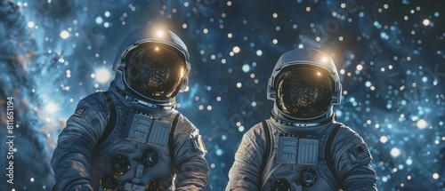 Two astronauts floating weightlessly in the zerogravity of space  with their helmets reflecting the distant stars