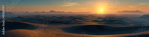 Vast Desert Dunes at Sunset with Distant Mountains Silhouetted against the Warm Glow of the Fading