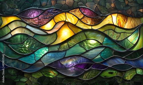 Stained glass depicting the Northern Lights with undulating green and purple lights