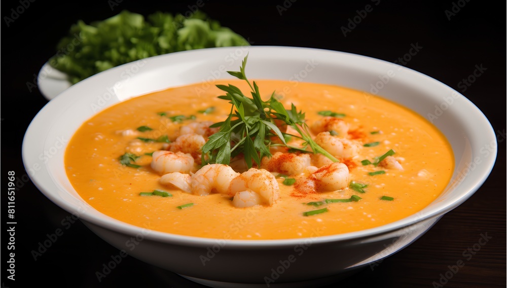 Lobster Bisque, classic creamy and smooth, seasoned soup from lobster and aromatics, cinematic food photo Lobster Bisque, classic creamy and smooth, seasoned soup from lobster and aromatics, cinematic food photo