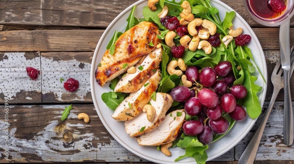 Plate with chicken breast grape cashew and cranberry salad arranged flat on a wooden surface Plate with chicken breast grape cashew and cranberry salad arranged flat on a wooden surface