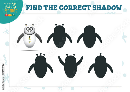 Find the correct shadow for cute cartoon robot educational preschool kids mini game. Vector illustration with 5 silhouettes for shadow matching quiz © kora_ra_123