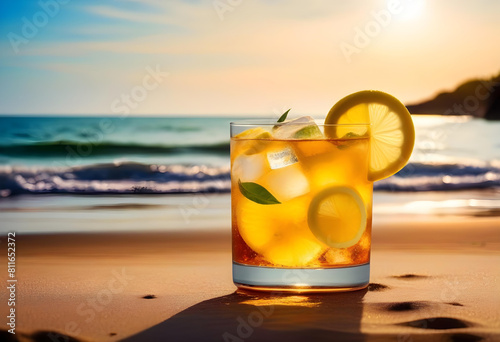 A glass with a cold drink, ice cubes, and a slice of lemon on a beach with the ocean in the background