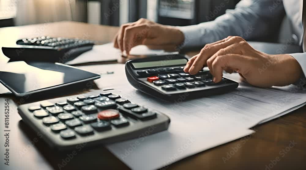 Accountant working on desk using calculator for calculate finance report in office