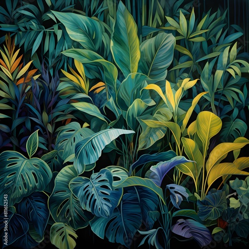 Tropical leaves seamless pattern, green and blue color palette. Generative AI.