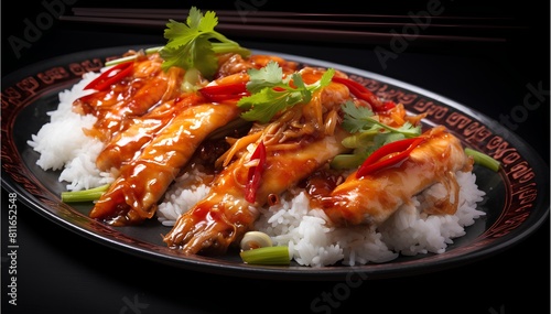 Hainanese checken rice, dish of poached chicken and seasoned rice, cinematic food photography 