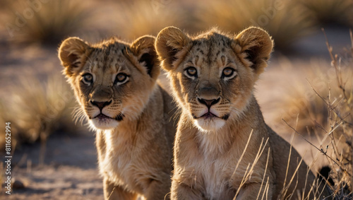 Curious young lion cubs gaze directly at the camera in the desert wilderness.