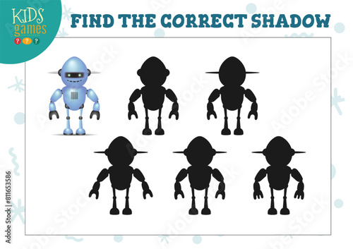 Find the correct shadow for cute cartoon robot educational preschool kids mini game. Vector illustration with 3 silhouettes for shadow matching exercise © kora_ra_123