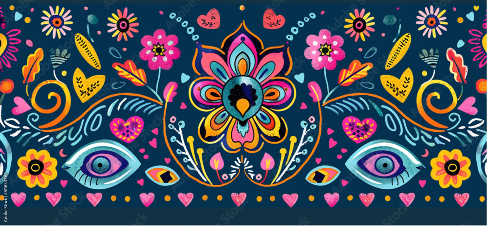 
Cute cartoon seamless pattern with colorful Indian folk art motifs, vector illustration of decorative border with flowers and geometric shapes in a blue background