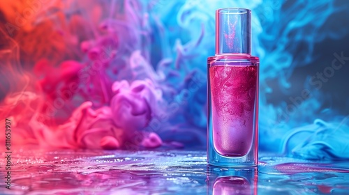 photograph of bottle of concealer, on a light background, with vaporwave manicure without varnish, editorial, without shadows