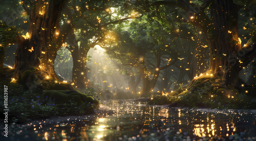 A magical forest with sparkling trees and glowing fireflies, creating an enchanting atmosphere