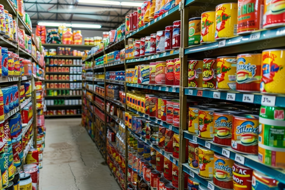 A grocery store aisle packed with neatly stacked cans and jars filled with various canned foods