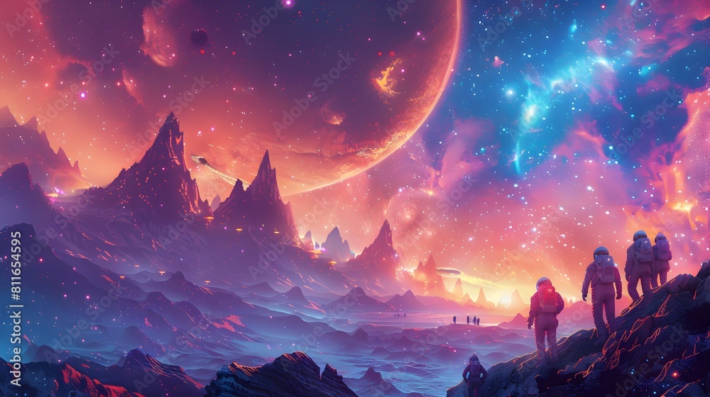 Fototapeta premium Breathtaking Cosmic Landscape with Glowing Planets and Trekkers Exploring Alien Terrain