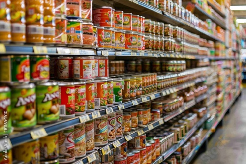 A busy grocery store aisle filled with neatly stacked cans and jars of various canned foods