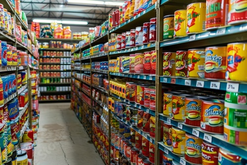 A grocery store aisle packed with neatly stacked cans and jars filled with various canned foods © Ilia Nesolenyi